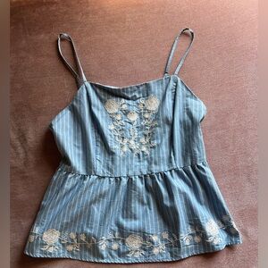 Harper Blue and White Striped Camisole with Floral Embroidery